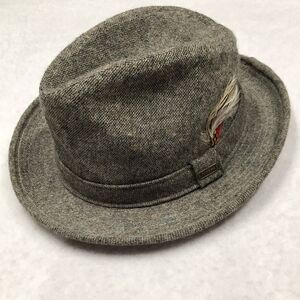 ADAM NY Tweed Fedora Hat Men M Gray Trilby Feather Cahpeau Borsalino Hipster